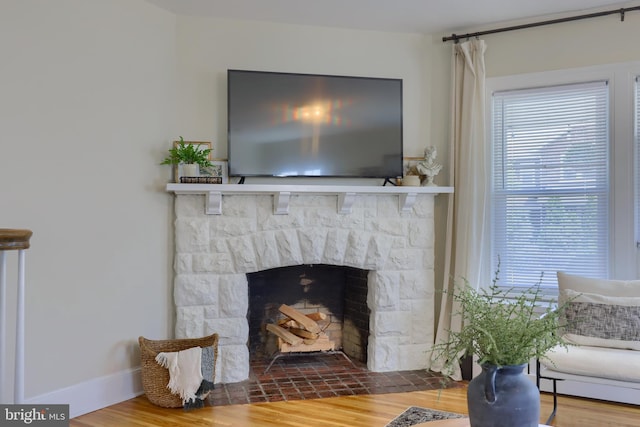 room details featuring a fireplace and wood-type flooring