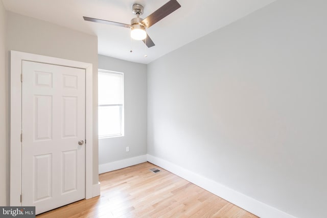 empty room featuring ceiling fan and light hardwood / wood-style floors