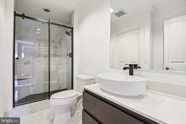 bathroom with vanity, toilet, crown molding, and walk in shower