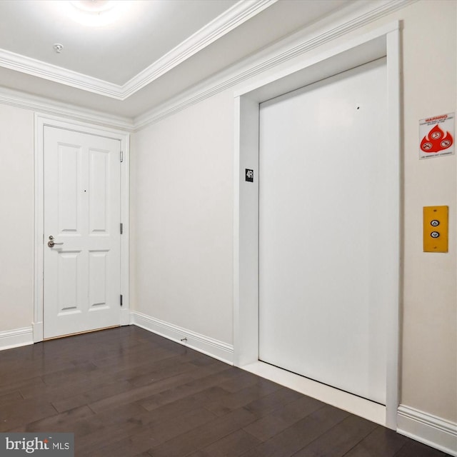 interior space featuring dark hardwood / wood-style flooring, elevator, and ornamental molding