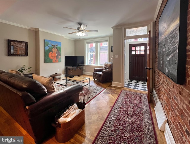 living room featuring crown molding, parquet floors, and ceiling fan