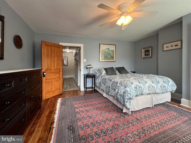 bedroom featuring ceiling fan and dark wood-type flooring