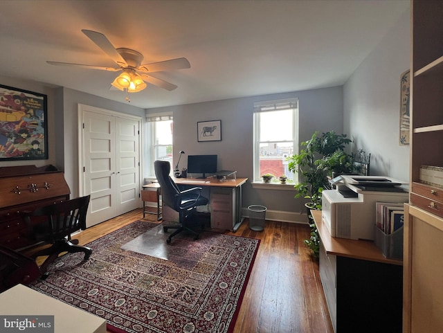 office space featuring ceiling fan and dark wood-type flooring