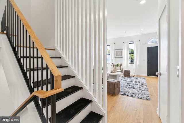 staircase with wood-type flooring