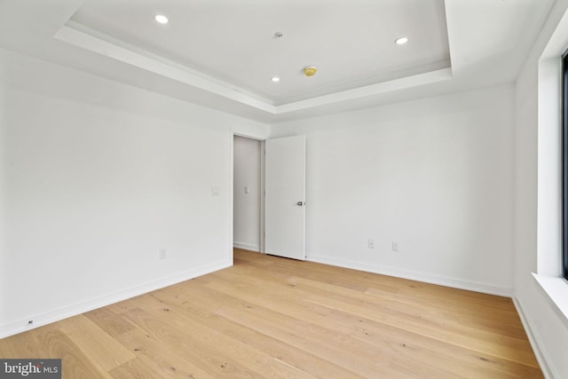 spare room with a raised ceiling and light hardwood / wood-style flooring