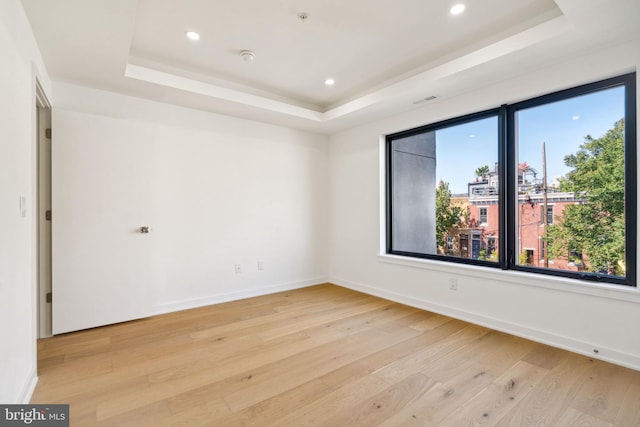 spare room with light hardwood / wood-style flooring and a raised ceiling