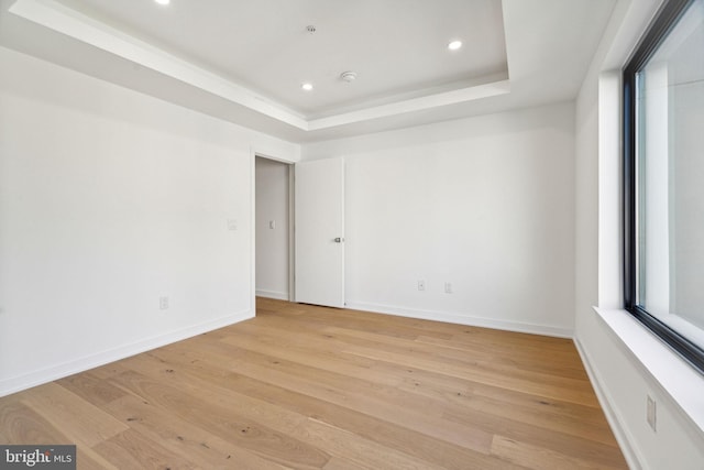 unfurnished room with a raised ceiling and light wood-type flooring