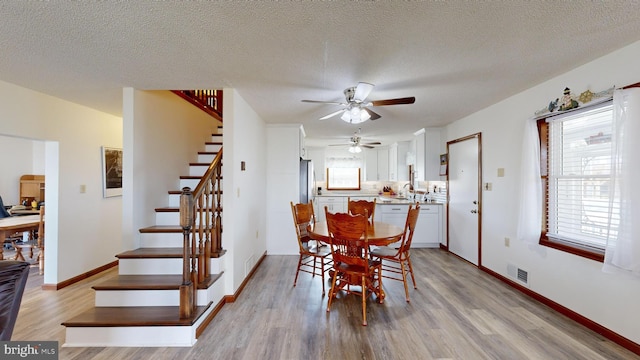 dining area with ceiling fan, plenty of natural light, light hardwood / wood-style floors, and a textured ceiling