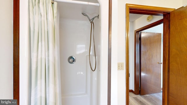 bathroom with hardwood / wood-style floors and walk in shower