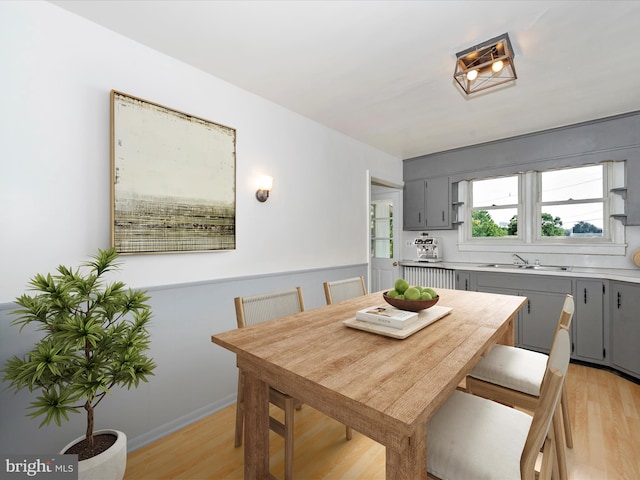 dining area with sink and light hardwood / wood-style flooring