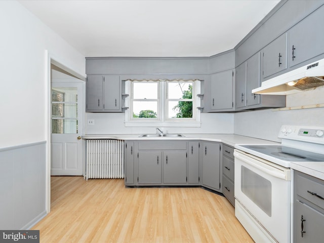 kitchen featuring light hardwood / wood-style floors, gray cabinetry, electric stove, radiator, and sink