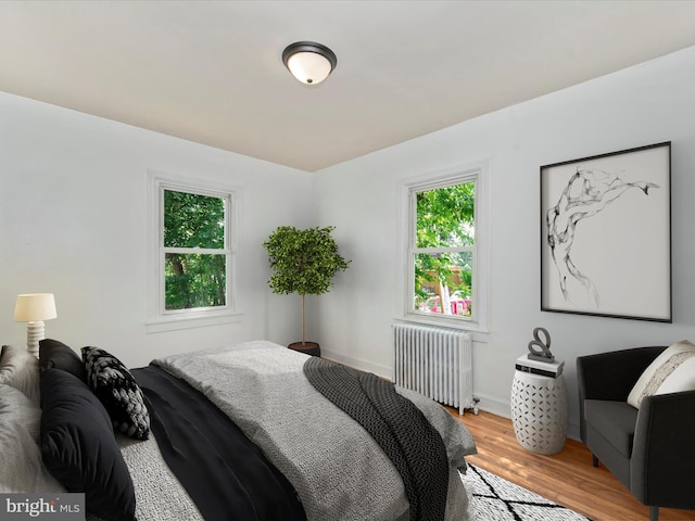 bedroom featuring radiator and wood-type flooring