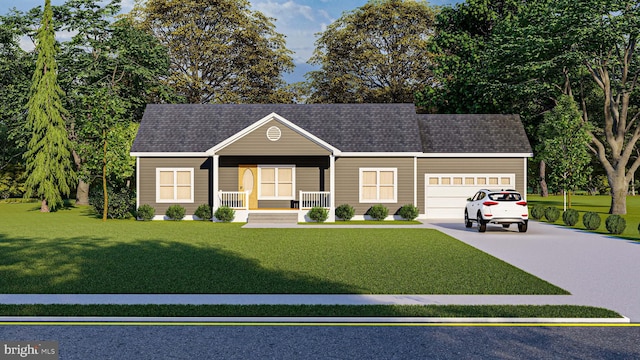 view of front of home with covered porch, a garage, and a front yard