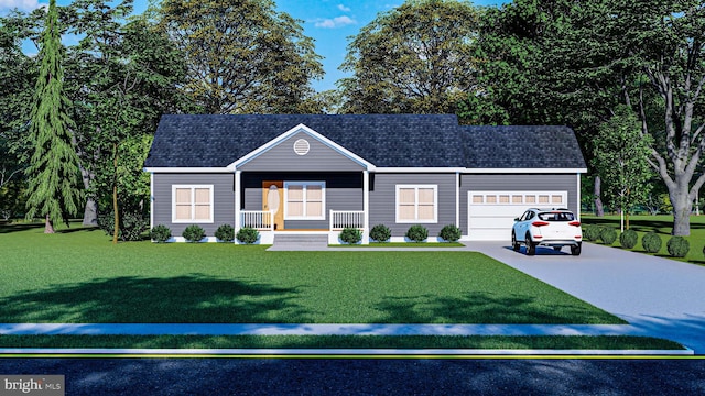 view of front of property featuring a front lawn, covered porch, and a garage