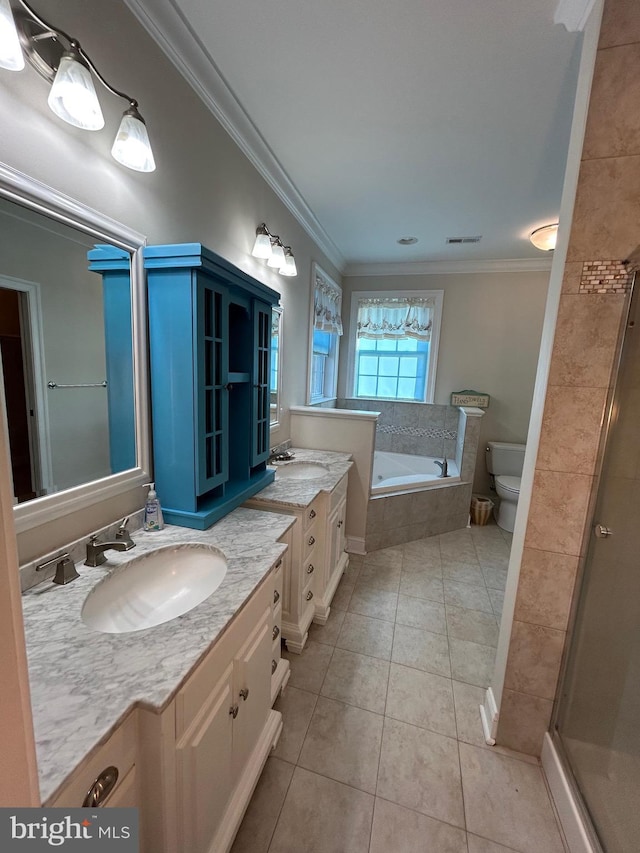 full bathroom featuring vanity, plus walk in shower, tile patterned floors, toilet, and ornamental molding