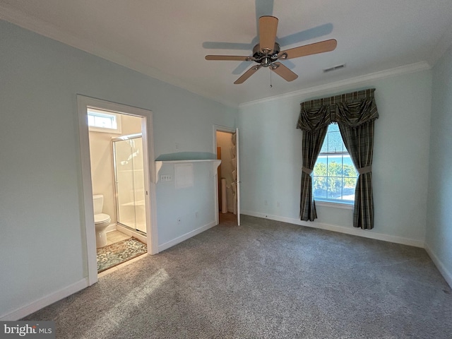 unfurnished bedroom featuring carpet flooring, connected bathroom, ceiling fan, and crown molding