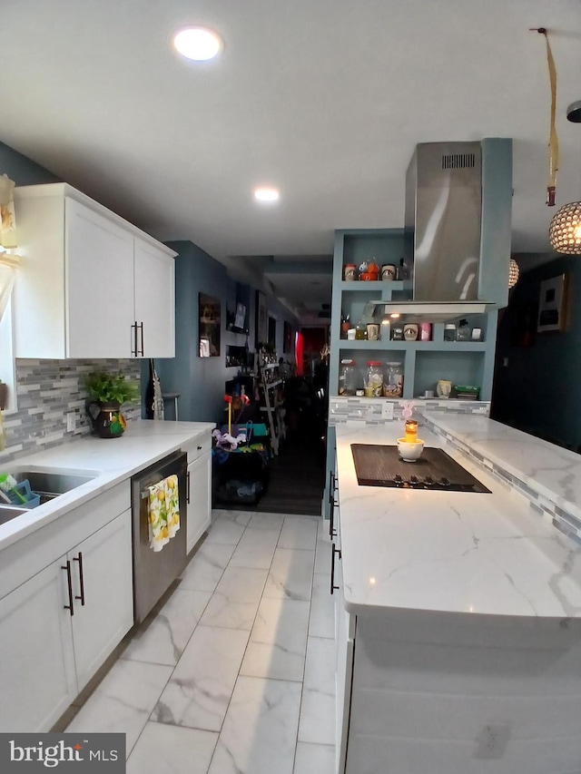 kitchen with backsplash, light stone countertops, white cabinets, and stainless steel dishwasher