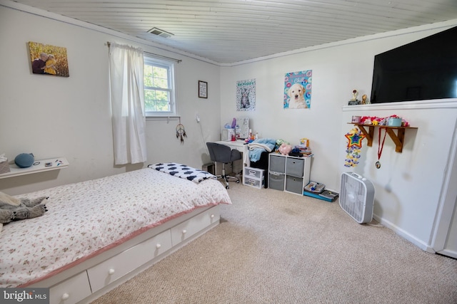 bedroom with carpet floors and wooden ceiling