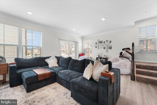 living room with crown molding and light wood-type flooring