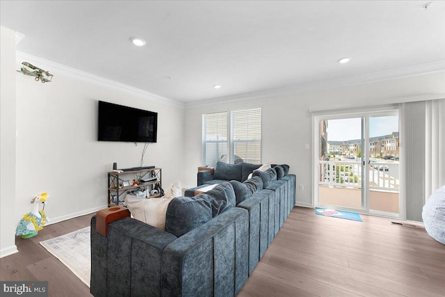 living room with hardwood / wood-style flooring, crown molding, and a healthy amount of sunlight