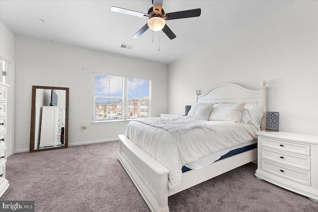 bedroom with ceiling fan and carpet