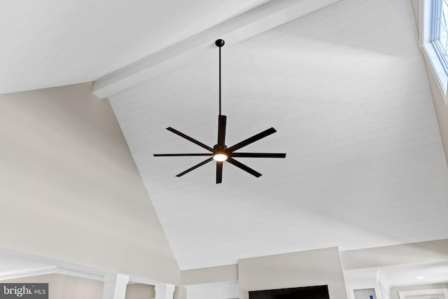 room details featuring beamed ceiling and ceiling fan