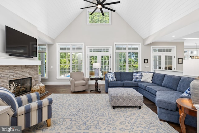 living room with wooden ceiling, high vaulted ceiling, dark hardwood / wood-style floors, ceiling fan, and a fireplace