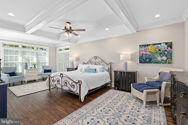 bedroom with ceiling fan, dark hardwood / wood-style flooring, beamed ceiling, and crown molding