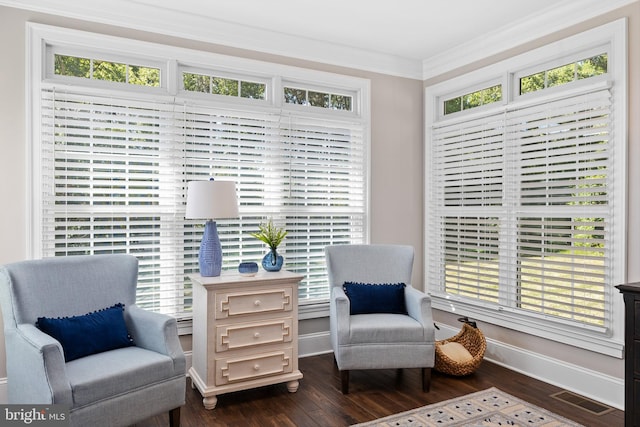 sitting room featuring dark wood-type flooring and ornamental molding