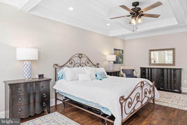 bedroom featuring beamed ceiling, ceiling fan, and dark hardwood / wood-style floors