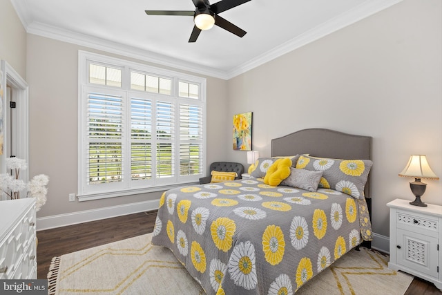 bedroom with ceiling fan, dark hardwood / wood-style flooring, and crown molding