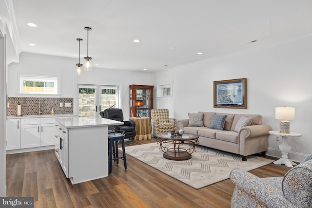 living room with dark hardwood / wood-style flooring, crown molding, and sink