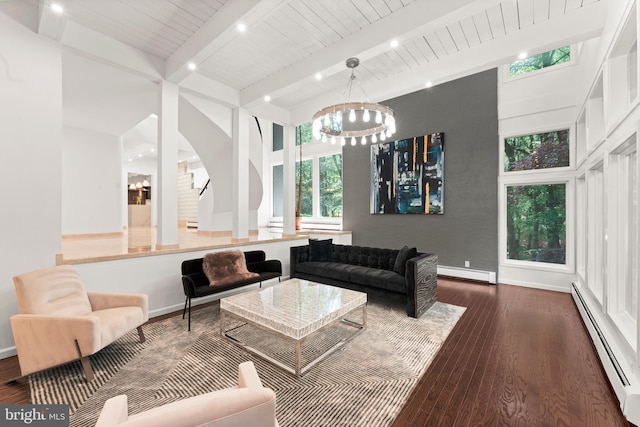 living room featuring dark hardwood / wood-style floors, beam ceiling, and a baseboard radiator