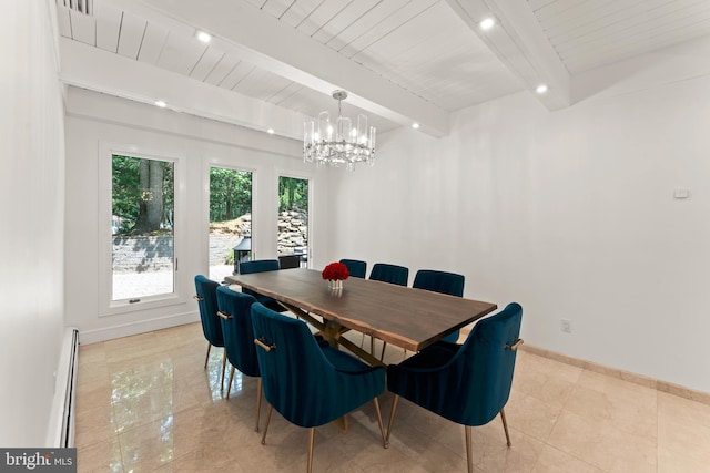 dining space featuring beamed ceiling, a notable chandelier, a baseboard heating unit, and light tile floors