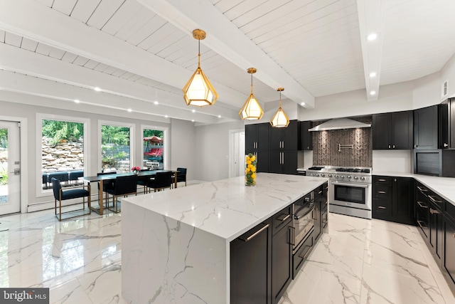 kitchen featuring stainless steel appliances, backsplash, a center island, beam ceiling, and pendant lighting