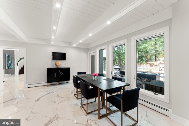 dining area featuring a baseboard radiator, beam ceiling, and light tile floors