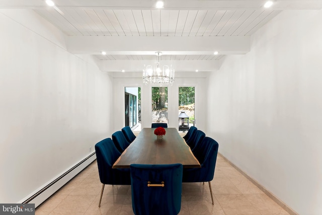 tiled dining area featuring beamed ceiling, an inviting chandelier, and a baseboard heating unit