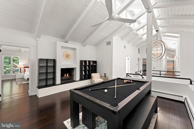 rec room with dark hardwood / wood-style floors, ceiling fan with notable chandelier, built in features, beam ceiling, and pool table