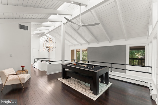 rec room with dark hardwood / wood-style floors, lofted ceiling with beams, ceiling fan with notable chandelier, billiards, and a baseboard radiator