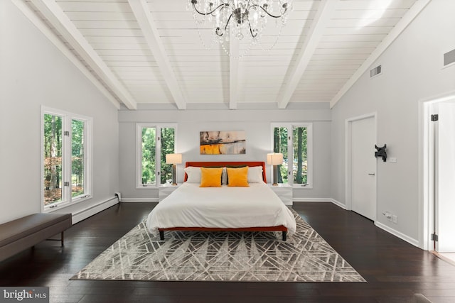 bedroom featuring a baseboard heating unit, a notable chandelier, dark hardwood / wood-style floors, and vaulted ceiling with beams