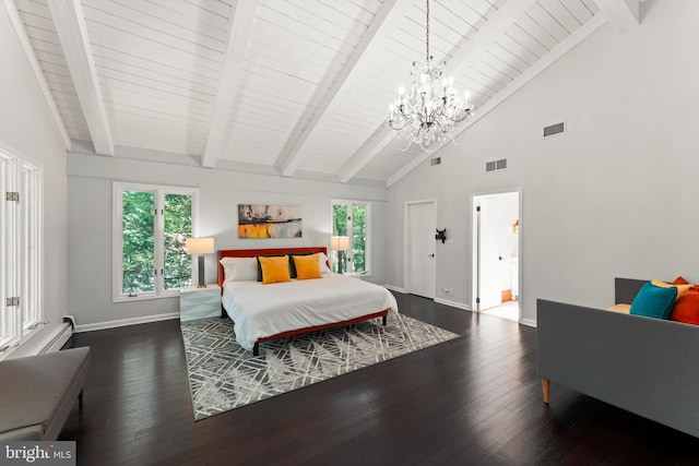 bedroom featuring beam ceiling, a notable chandelier, high vaulted ceiling, and dark wood-type flooring