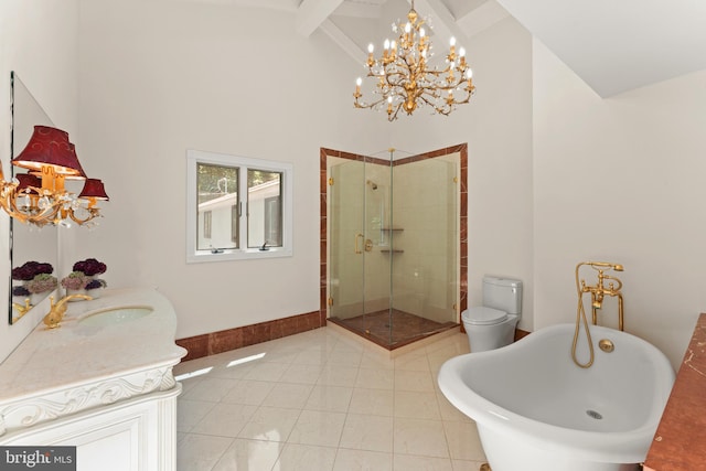 full bathroom featuring independent shower and bath, beam ceiling, and tile floors