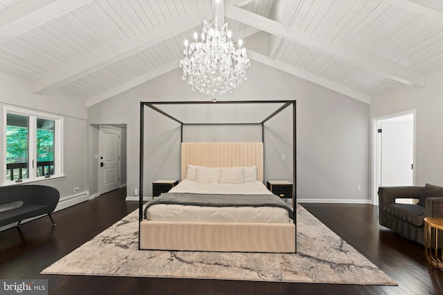 bedroom with vaulted ceiling with beams, a baseboard heating unit, dark hardwood / wood-style floors, and wood ceiling