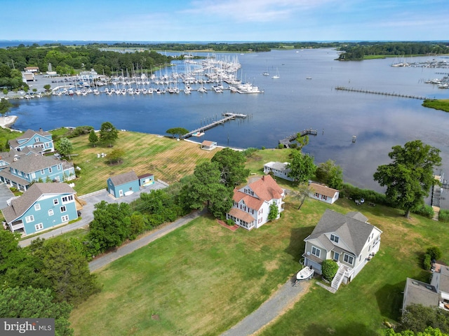 bird's eye view with a water view