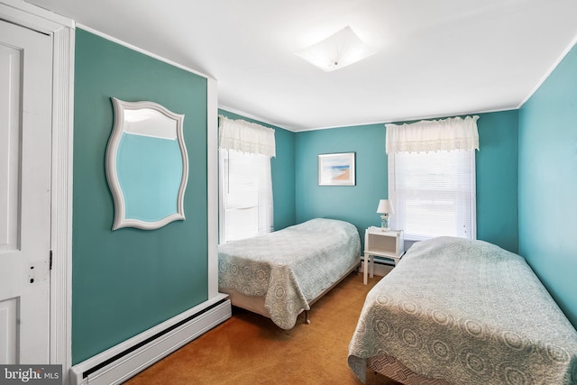 bedroom featuring carpet flooring, a closet, and a baseboard radiator