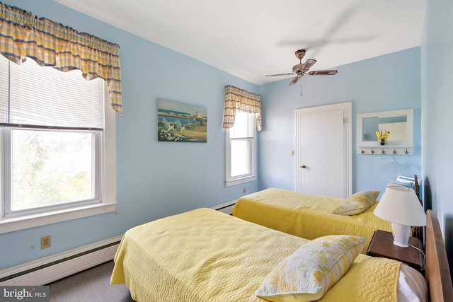 carpeted bedroom featuring ceiling fan and baseboard heating