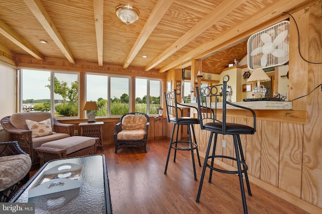 sunroom / solarium with beam ceiling and wooden ceiling