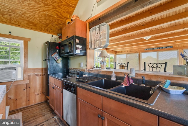 kitchen with wood ceiling, cooling unit, dark wood-type flooring, sink, and black appliances