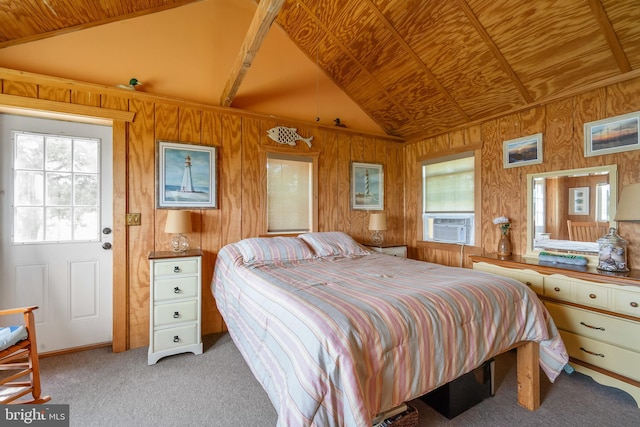 carpeted bedroom with vaulted ceiling, wood ceiling, cooling unit, and wood walls