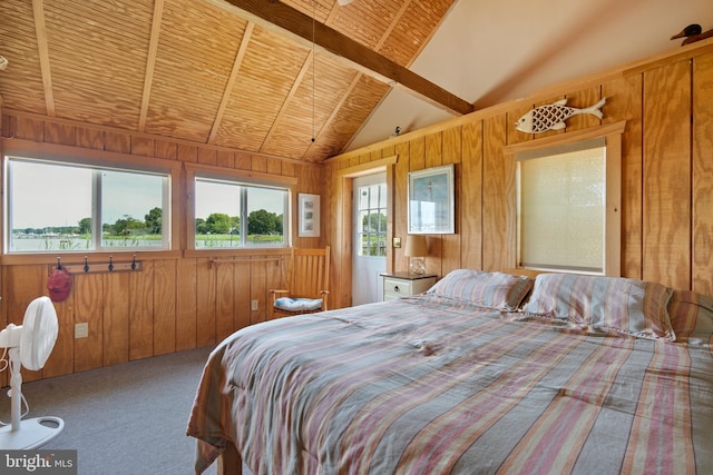 carpeted bedroom featuring wood ceiling, wood walls, and lofted ceiling with beams